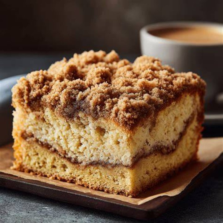 Coffee cake with crumb topping in an 8x8 square pan.