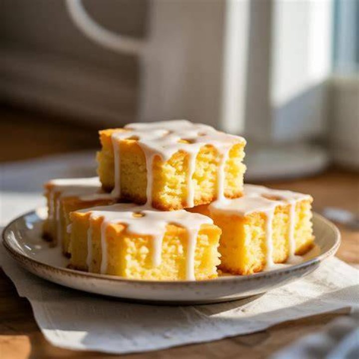 Stack of lemon cake squares on a white plate.